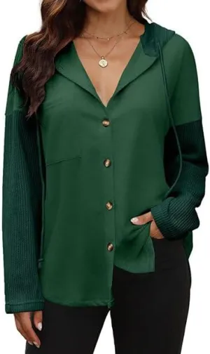 Fronage Women's Hoodie Colorblock Striped Oversized Sweatshirts Casual Loose Button V Neck Long Sleeve Knit Fall Clothes