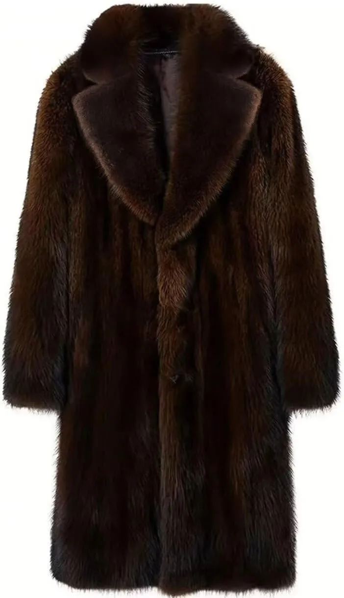 FTIMILD Men's Long Faux Fur Coat Single Breasted Warm Winter Trench Coat Fluffy Thick Overcoat