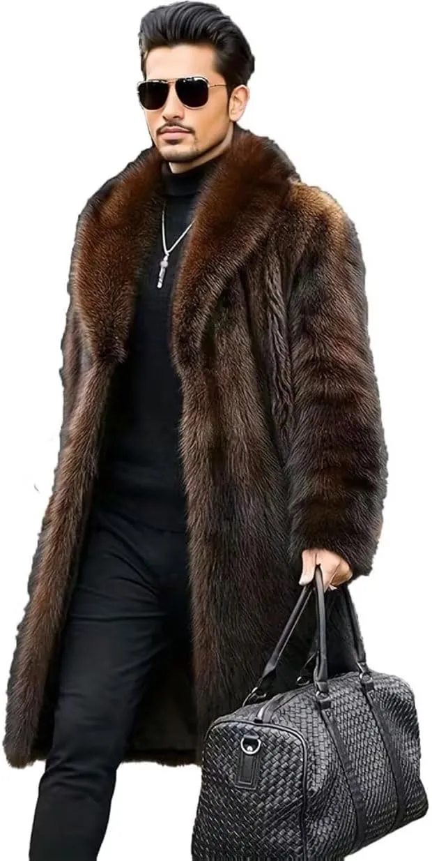 FTIMILD Men's Long Faux Fur Coat Single Breasted Warm Winter Trench Coat Fluffy Thick Overcoat