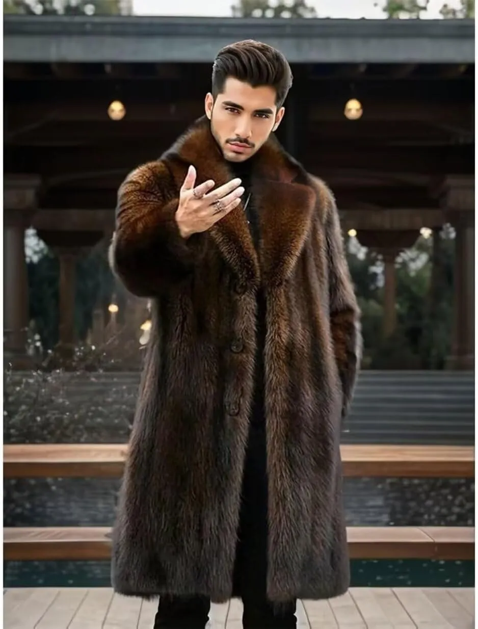 FTIMILD Men's Long Faux Fur Coat Single Breasted Warm Winter Trench Coat Fluffy Thick Overcoat