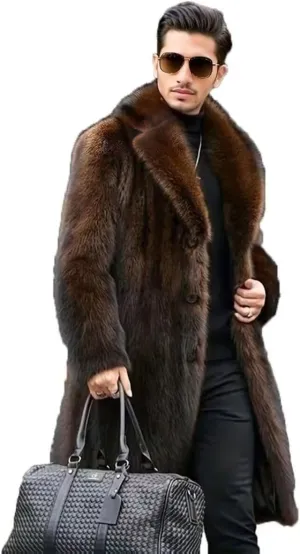 FTIMILD Men's Long Faux Fur Coat Single Breasted Warm Winter Trench Coat Fluffy Thick Overcoat