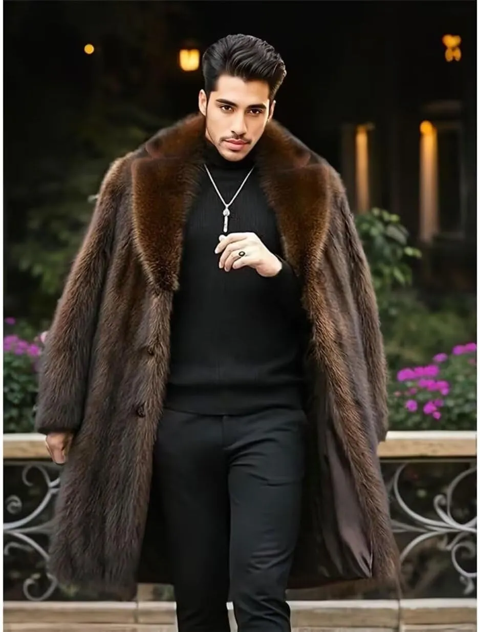 FTIMILD Men's Long Faux Fur Coat Single Breasted Warm Winter Trench Coat Fluffy Thick Overcoat
