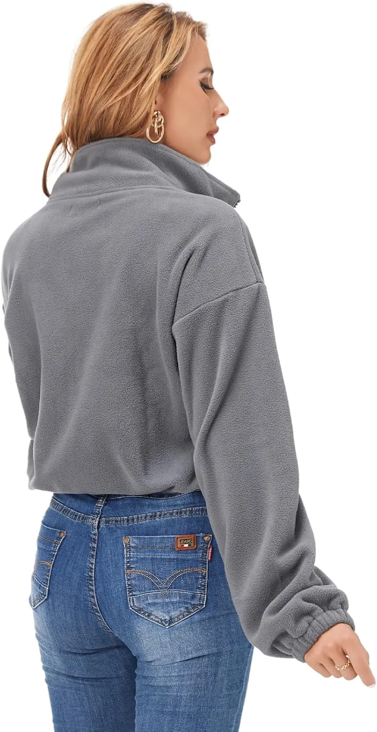 Fuinloth Women's Fleece Crop Jacket, Oversized, High Stand Collar Long Sleeve Coat