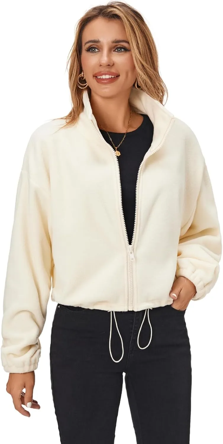 Fuinloth Women's Fleece Crop Jacket, Oversized, High Stand Collar Long Sleeve Coat