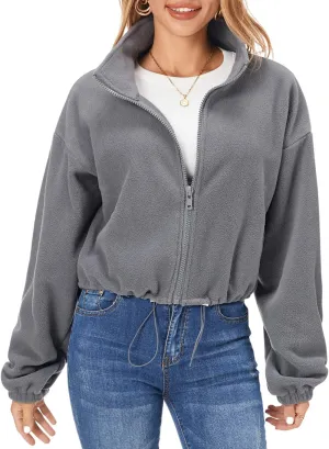 Fuinloth Women's Fleece Crop Jacket, Oversized, High Stand Collar Long Sleeve Coat