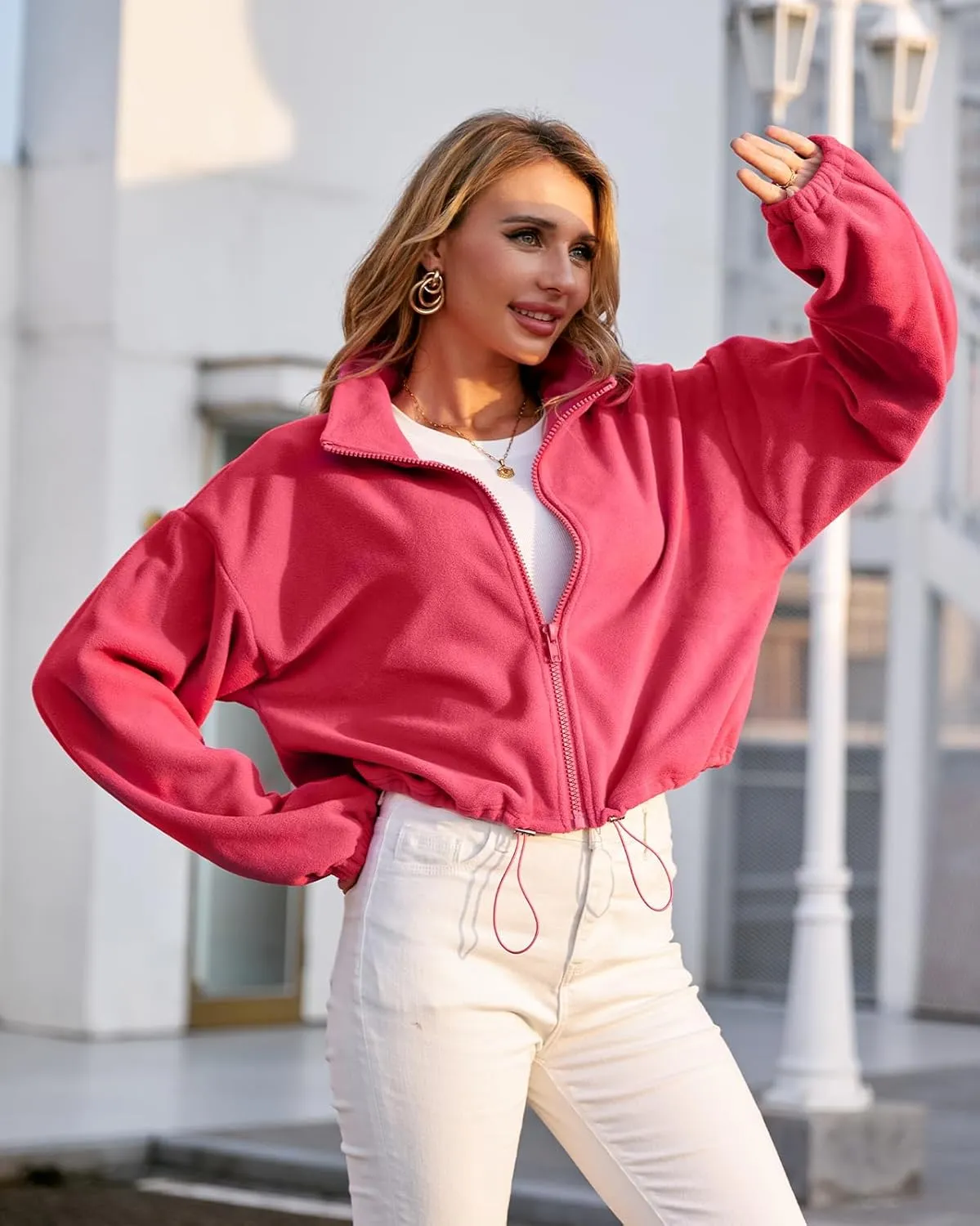 Fuinloth Women's Fleece Crop Jacket, Oversized, High Stand Collar Long Sleeve Coat