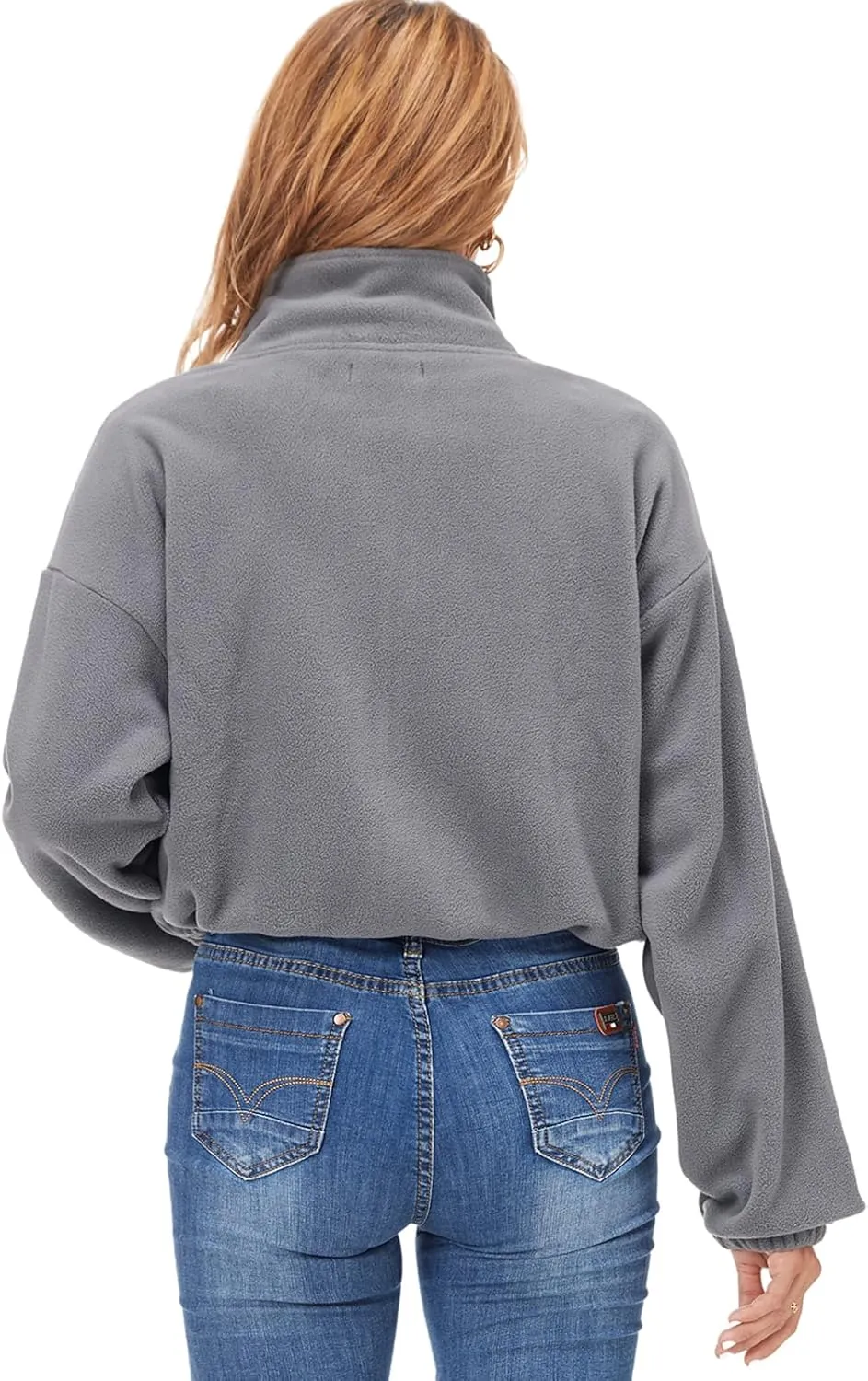 Fuinloth Women's Fleece Crop Jacket, Oversized, High Stand Collar Long Sleeve Coat