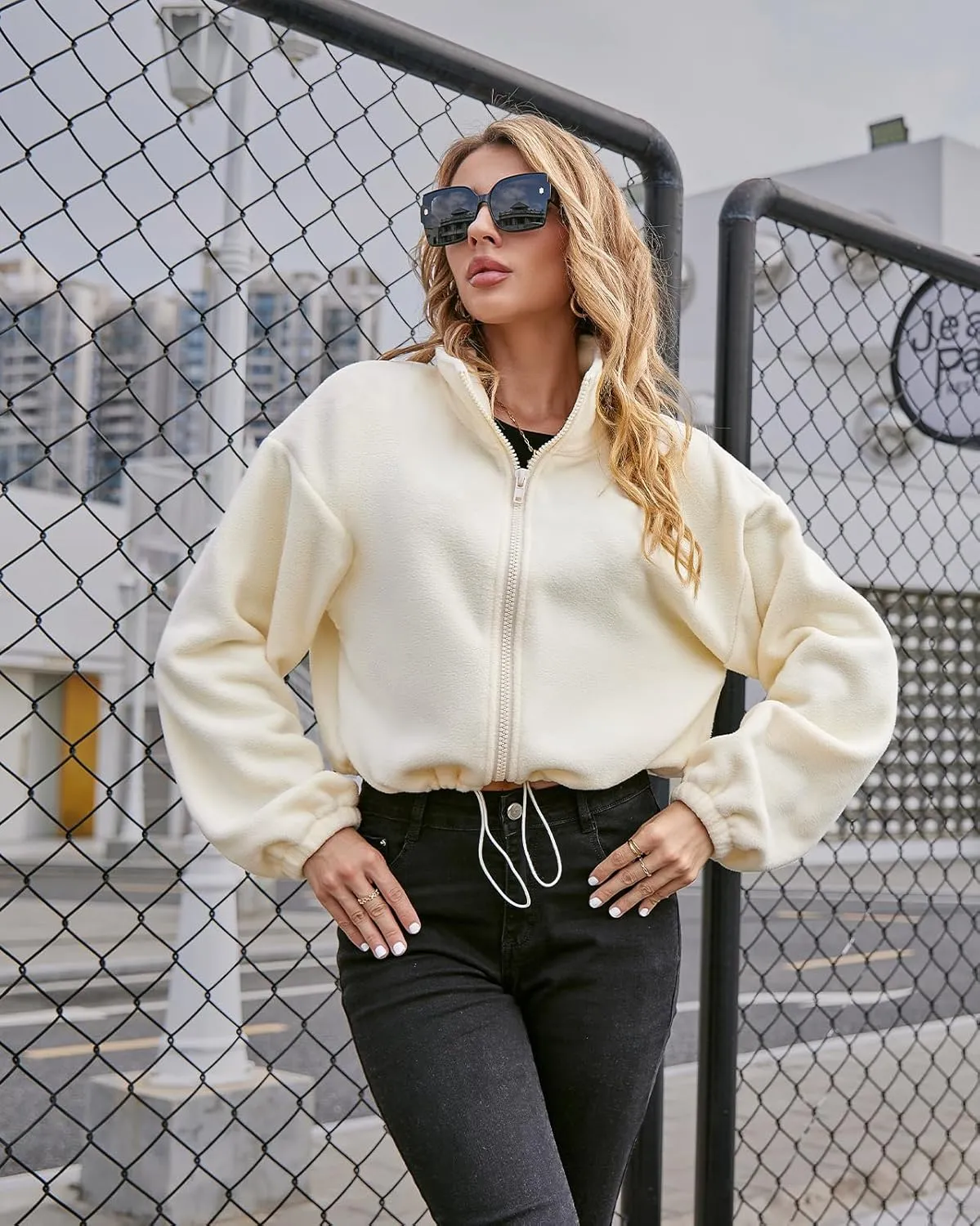 Fuinloth Women's Fleece Crop Jacket, Oversized, High Stand Collar Long Sleeve Coat