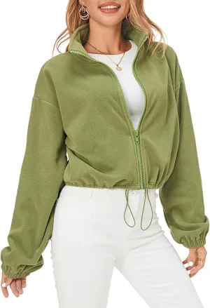 Fuinloth Women's Fleece Crop Jacket, Oversized, High Stand Collar Long Sleeve Coat