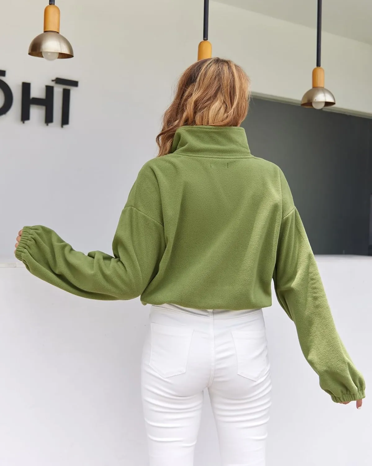 Fuinloth Women's Fleece Crop Jacket, Oversized, High Stand Collar Long Sleeve Coat