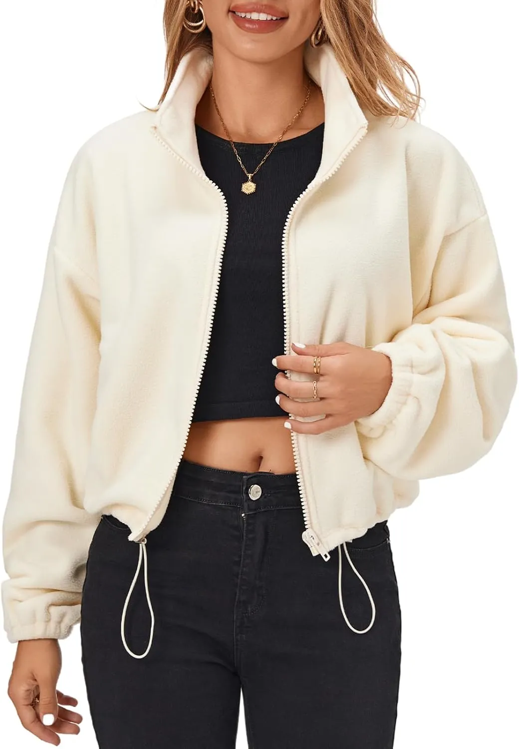 Fuinloth Women's Fleece Crop Jacket, Oversized, High Stand Collar Long Sleeve Coat