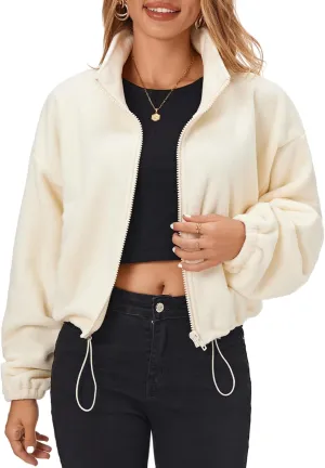Fuinloth Women's Fleece Crop Jacket, Oversized, High Stand Collar Long Sleeve Coat