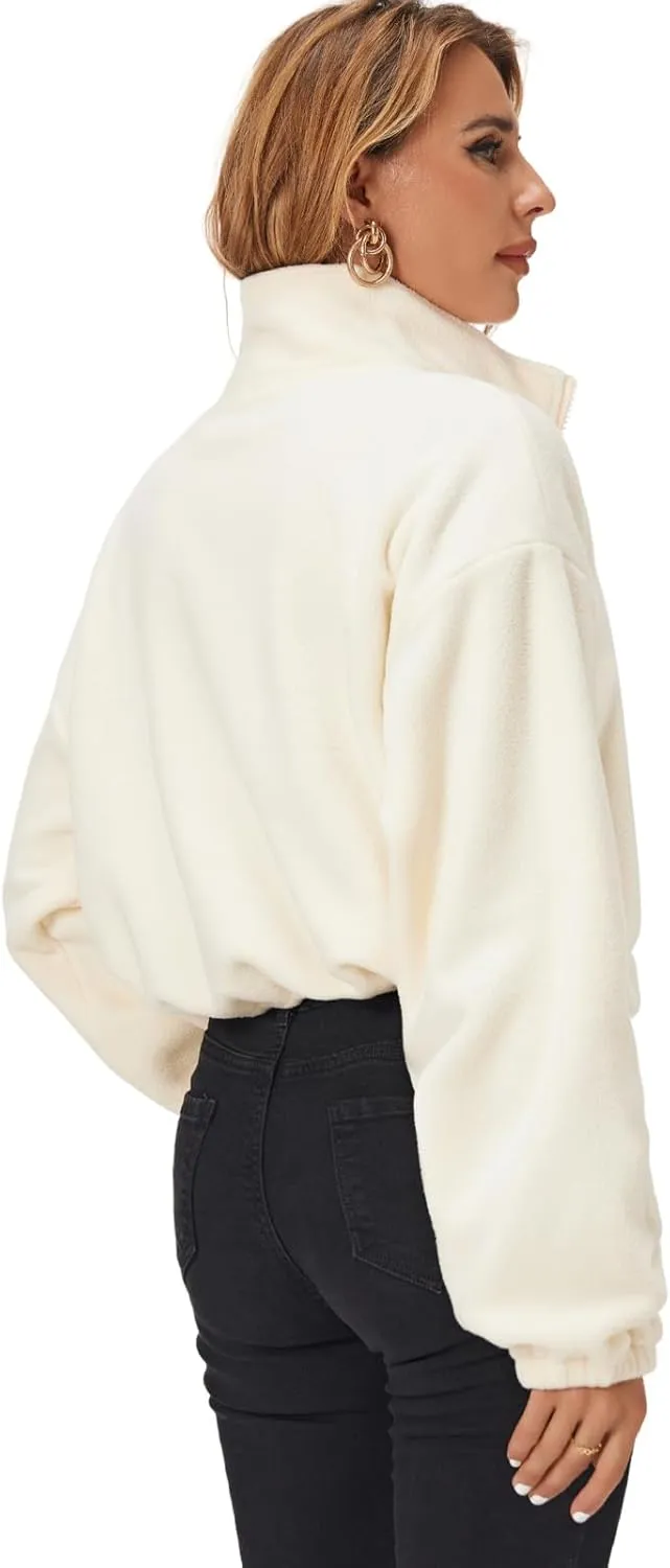 Fuinloth Women's Fleece Crop Jacket, Oversized, High Stand Collar Long Sleeve Coat