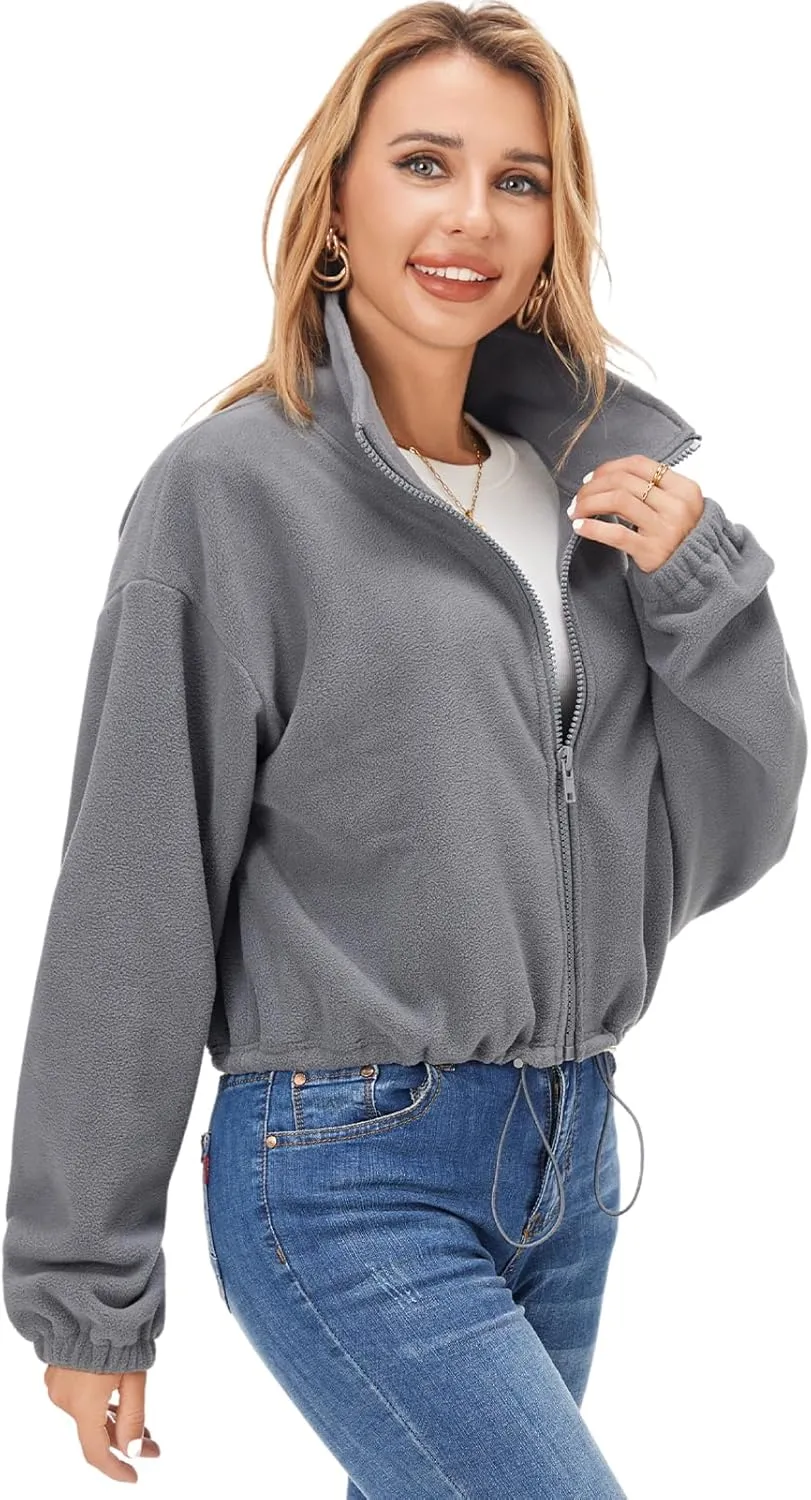 Fuinloth Women's Fleece Crop Jacket, Oversized, High Stand Collar Long Sleeve Coat