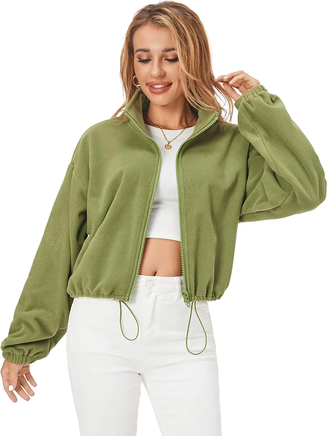 Fuinloth Women's Fleece Crop Jacket, Oversized, High Stand Collar Long Sleeve Coat