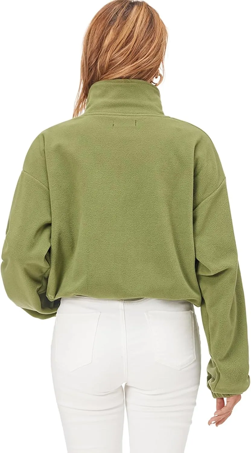 Fuinloth Women's Fleece Crop Jacket, Oversized, High Stand Collar Long Sleeve Coat