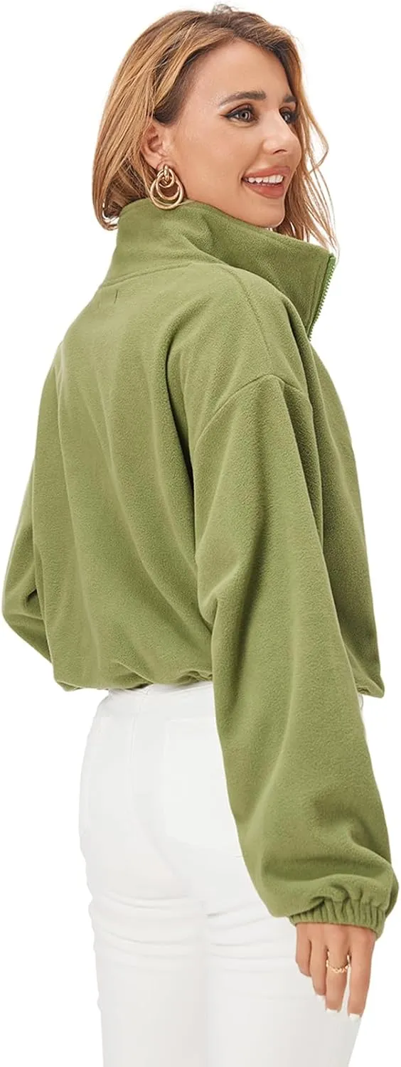 Fuinloth Women's Fleece Crop Jacket, Oversized, High Stand Collar Long Sleeve Coat