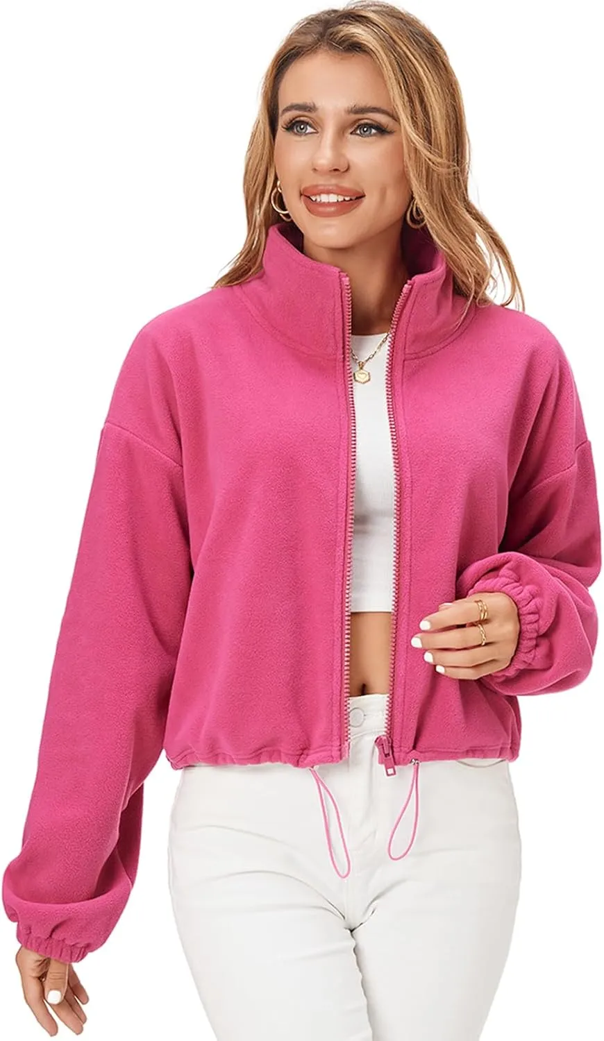 Fuinloth Women's Fleece Crop Jacket, Oversized, High Stand Collar Long Sleeve Coat