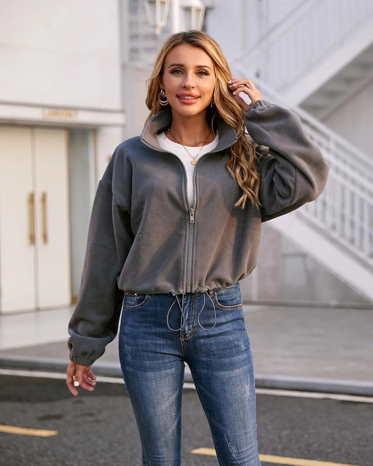 Fuinloth Women's Fleece Crop Jacket, Oversized, High Stand Collar Long Sleeve Coat