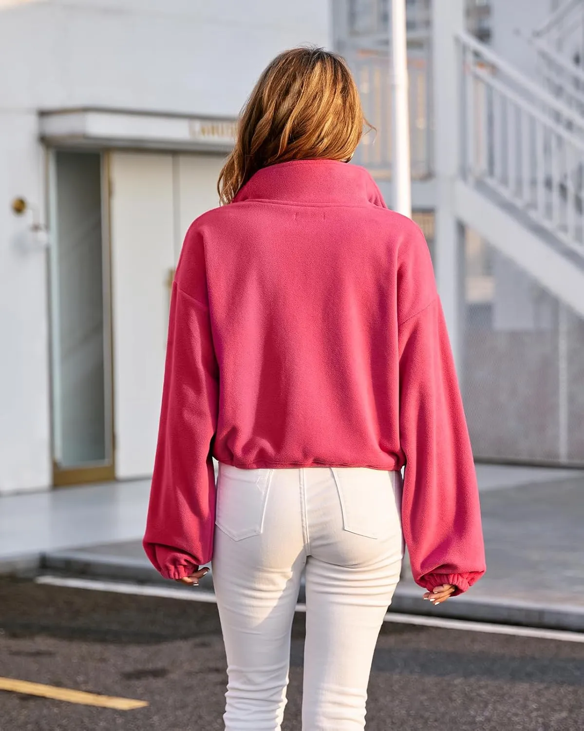 Fuinloth Women's Fleece Crop Jacket, Oversized, High Stand Collar Long Sleeve Coat