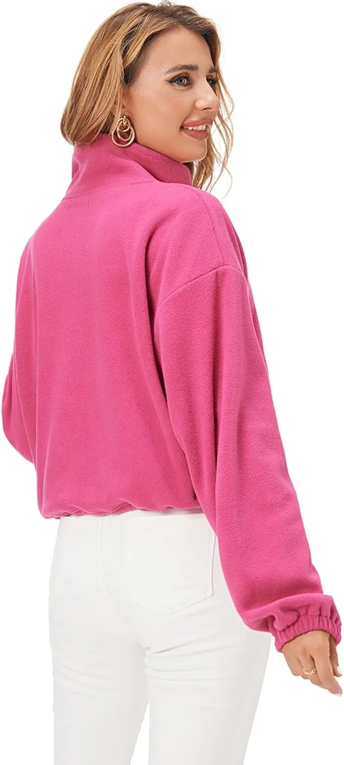 Fuinloth Women's Fleece Crop Jacket, Oversized, High Stand Collar Long Sleeve Coat
