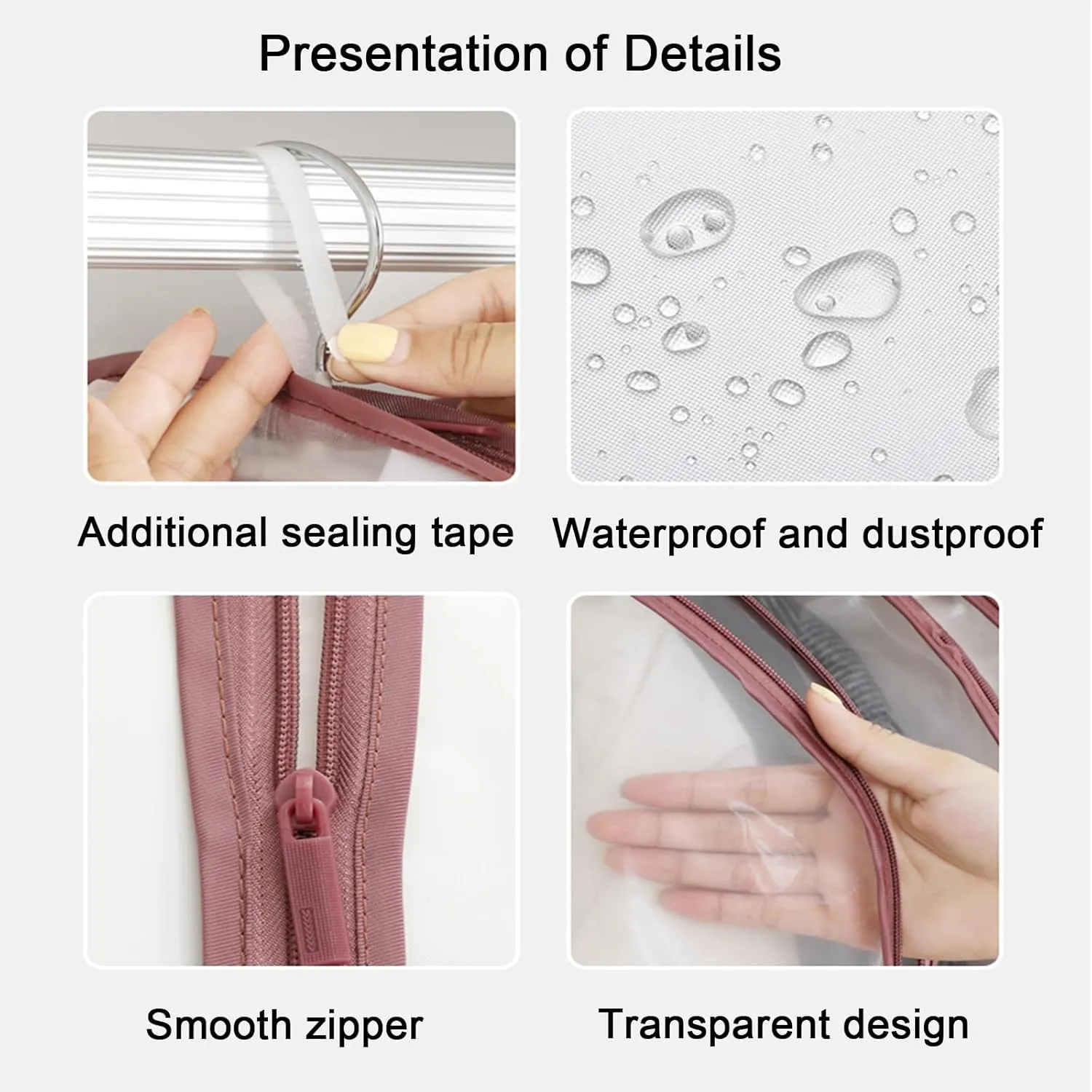 Garment Bag, Clothing Covers for Hanging Clothes, Transparent Color, Side Zipper Opening, Fully Enclosed, Suitable for Jackets, Dresses(Pink,60x110cm x43in)