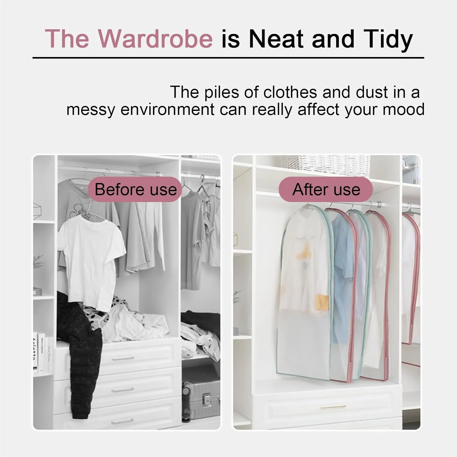 Garment Bag, Clothing Covers for Hanging Clothes, Transparent Color, Side Zipper Opening, Fully Enclosed, Suitable for Jackets, Dresses(Pink,60x110cm x43in)