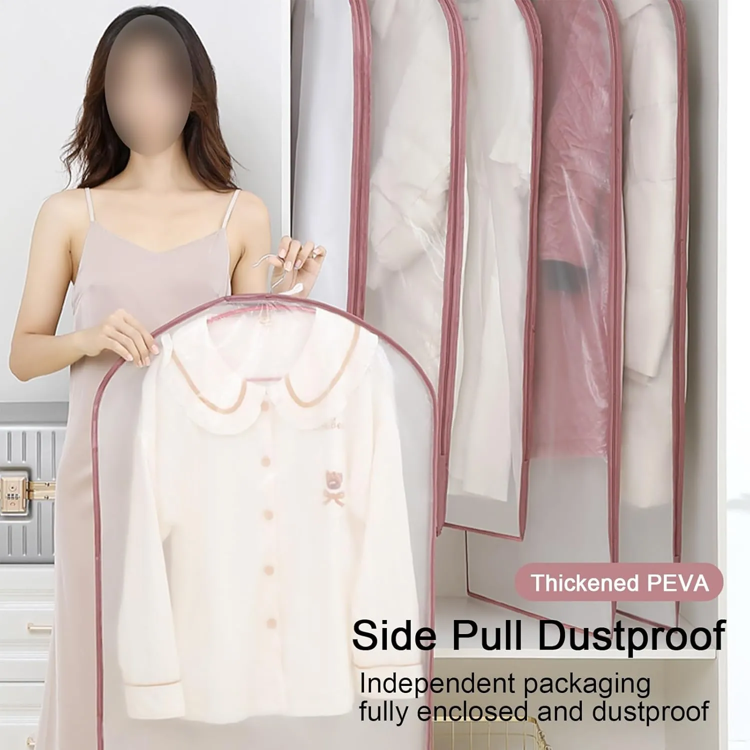 Garment Bag, Clothing Covers for Hanging Clothes, Transparent Color, Side Zipper Opening, Fully Enclosed, Suitable for Jackets, Dresses(Pink,60x110cm x43in)