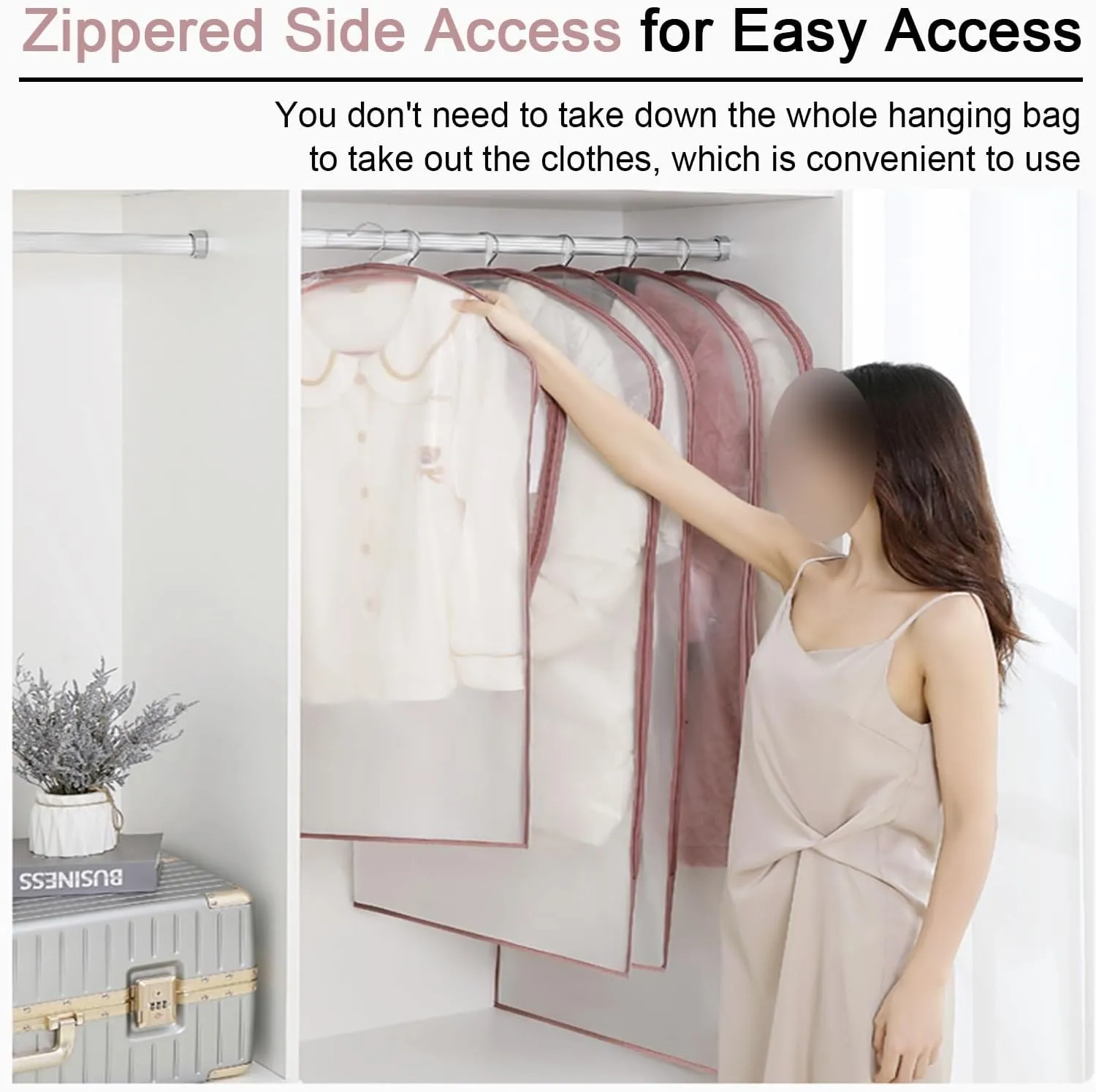 Garment Bag, Clothing Covers for Hanging Clothes, Transparent Color, Side Zipper Opening, Fully Enclosed, Suitable for Jackets, Dresses(Pink,60x110cm x43in)