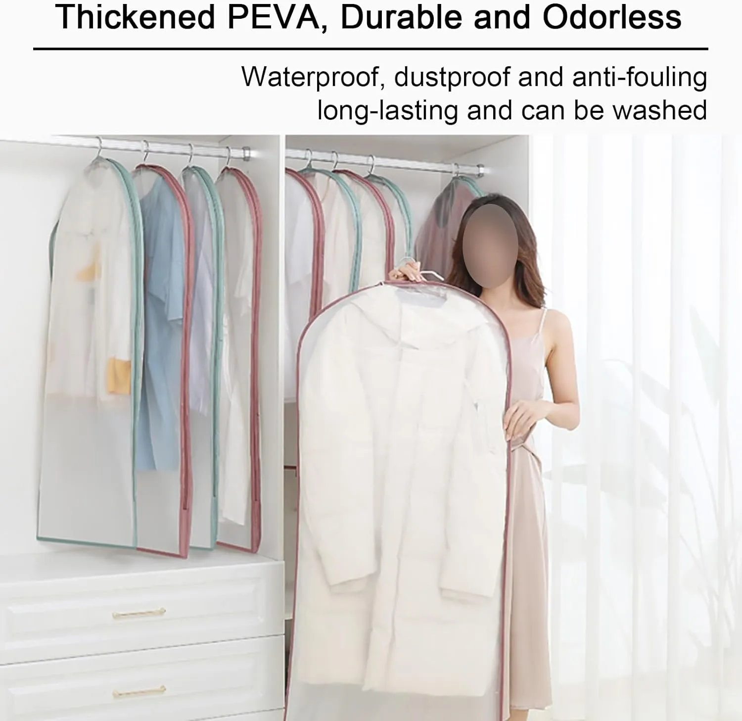 Garment Bag, Clothing Covers for Hanging Clothes, Transparent Color, Side Zipper Opening, Fully Enclosed, Suitable for Jackets, Dresses(Pink,60x110cm x43in)