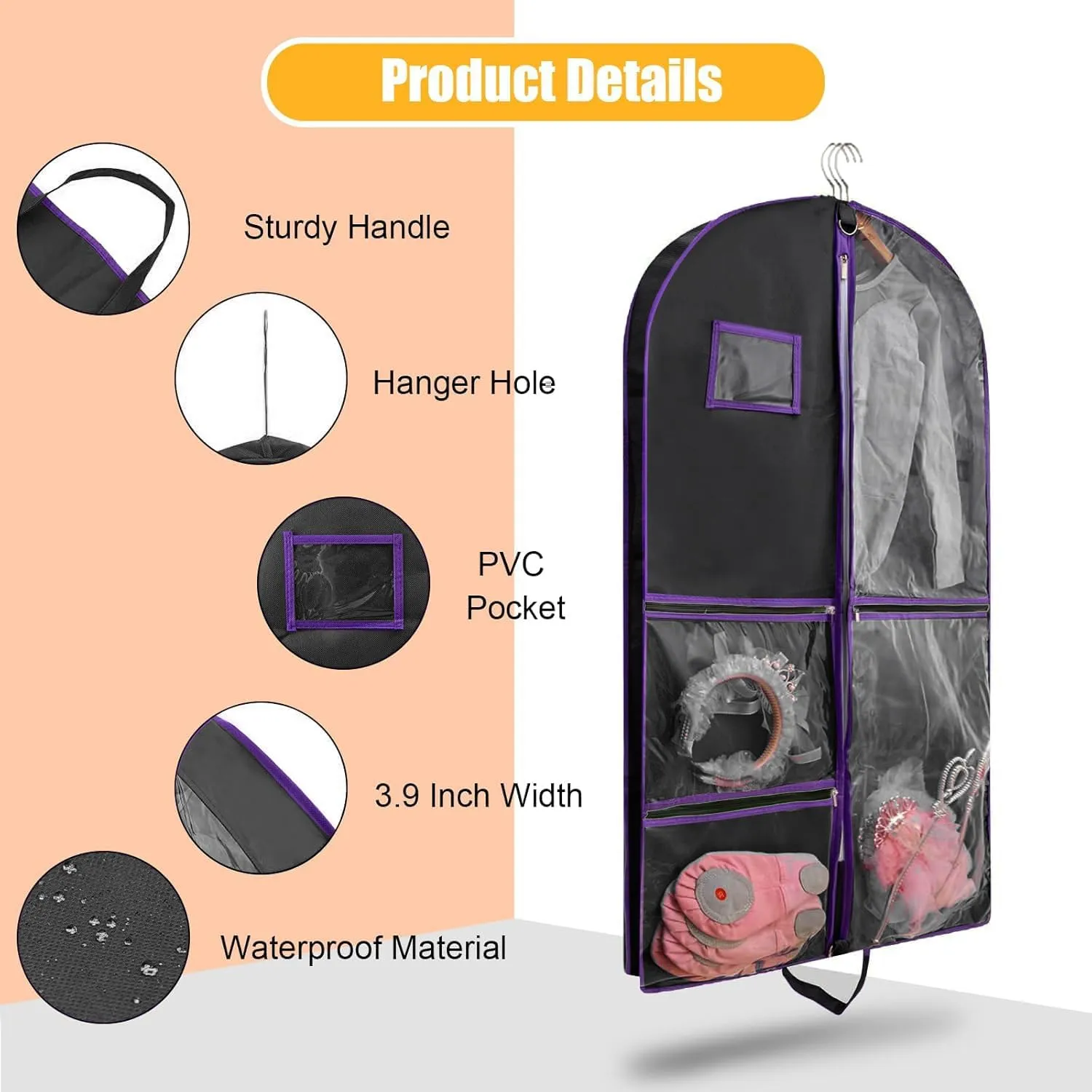 Garment Bags for Travel,Fabric Garment Bag with Pockets,Non-Woven Clothes Dance Costumes Covers And Mens Suit Pocket,40x24x3 Inch Dress Carry Storage,Large Garments Coat Protector (Black,Purple)