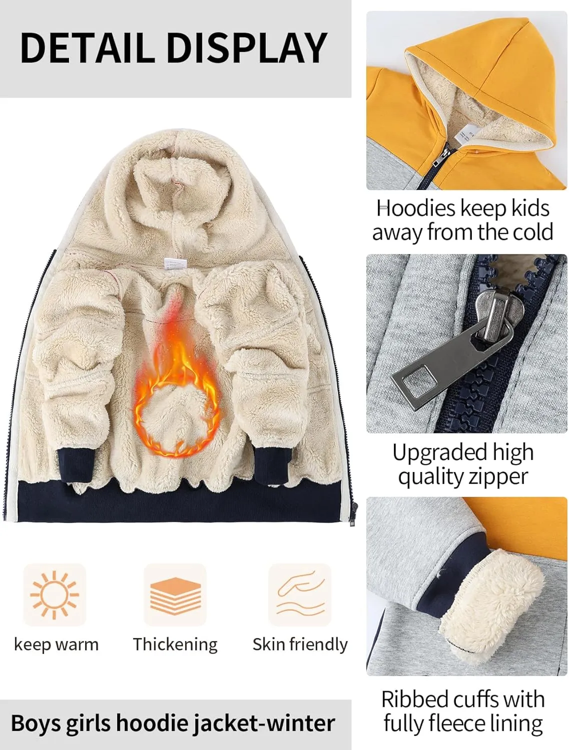 Gihuo Unisex Boy's Girl's Hoodie Sherpa Lined Jacket Zip Up Fleece Hooded Sweatshirt Winter Warm Coat Outerwear 4-12Y