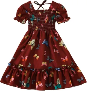 Girls Short Bubble Sleeve Butterfly Print Smocked Ruffle Dresses for Tween Girl Casual A-Line Midi Party Clothing