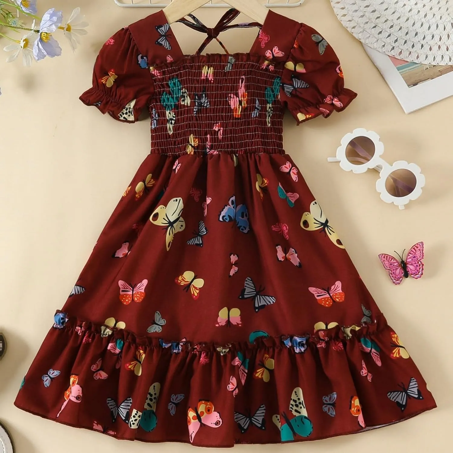 Girls Short Bubble Sleeve Butterfly Print Smocked Ruffle Dresses for Tween Girl Casual A-Line Midi Party Clothing