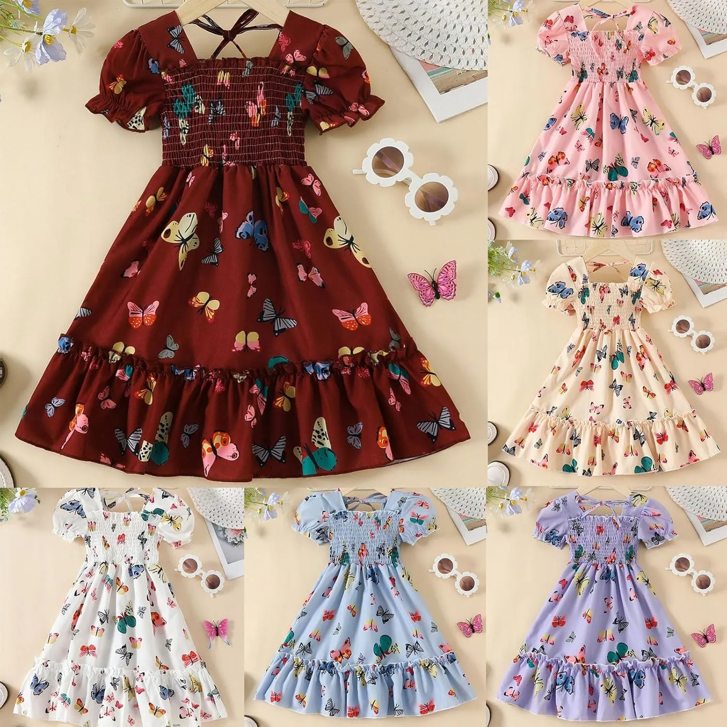Girls Short Bubble Sleeve Butterfly Print Smocked Ruffle Dresses for Tween Girl Casual A-Line Midi Party Clothing