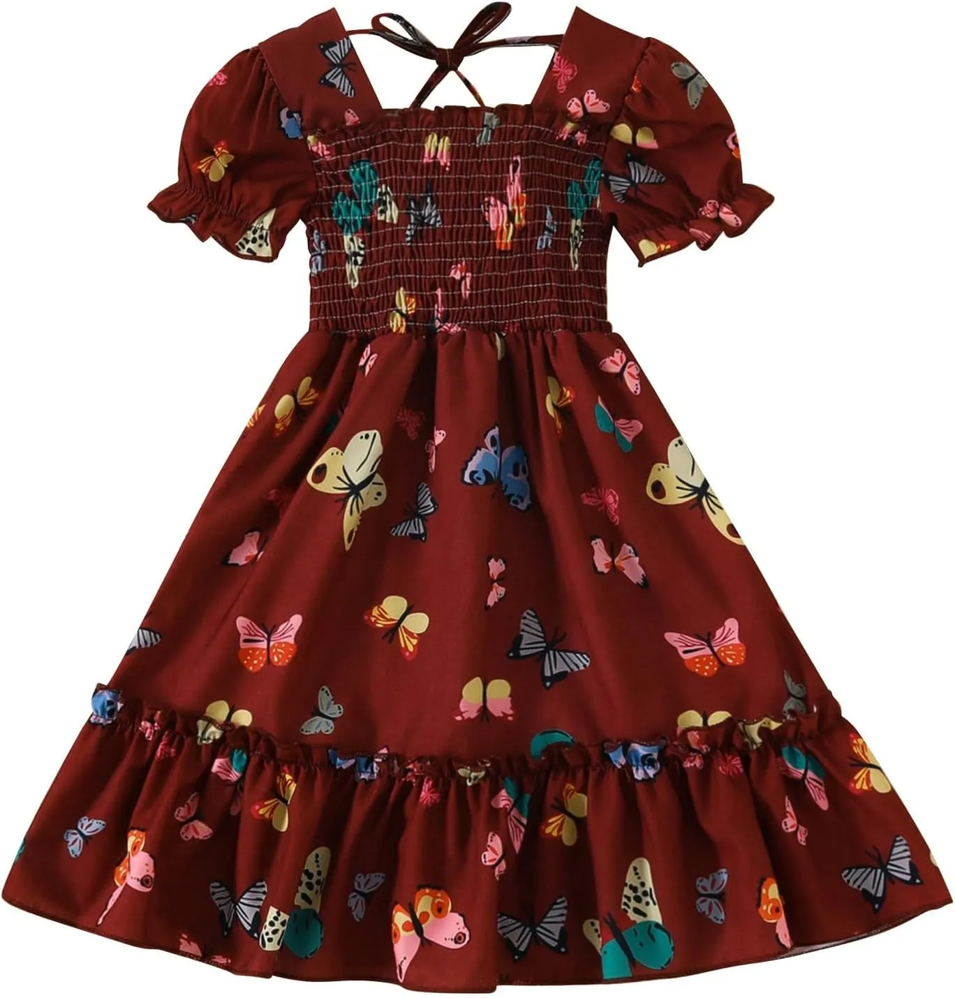 Girls Short Bubble Sleeve Butterfly Print Smocked Ruffle Dresses for Tween Girl Casual A-Line Midi Party Clothing