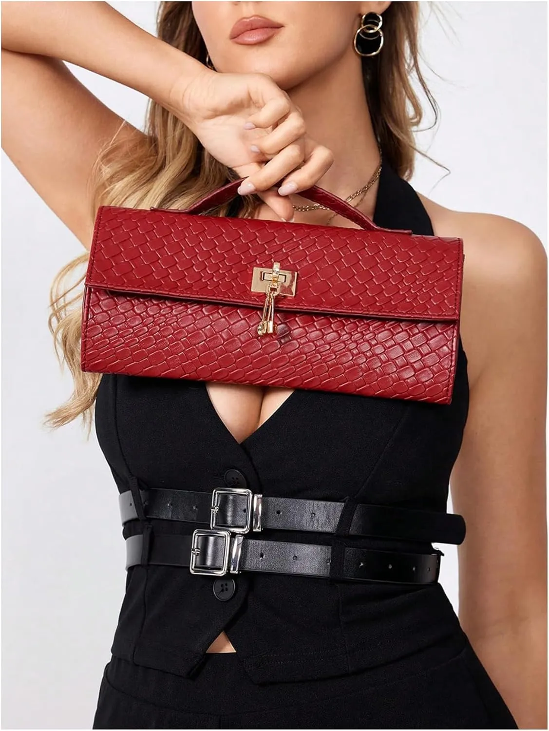 GORGLITTER Women's Woven Clutch Purses Leather Evening Bags Satchel Handbag Formal Cocktail Party Purses