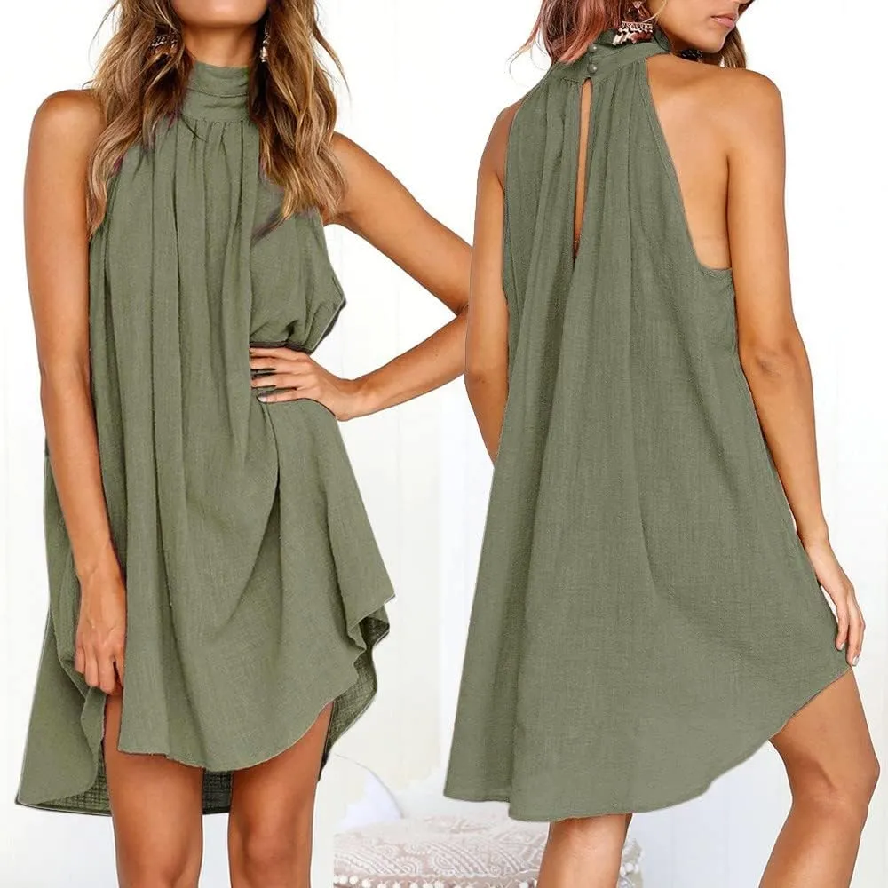 Halter Irregular Summer Dresses for Women Holiday Beach Sleeveless Party Dress Sexy Hem Mini Dress Plain Solid Sundress