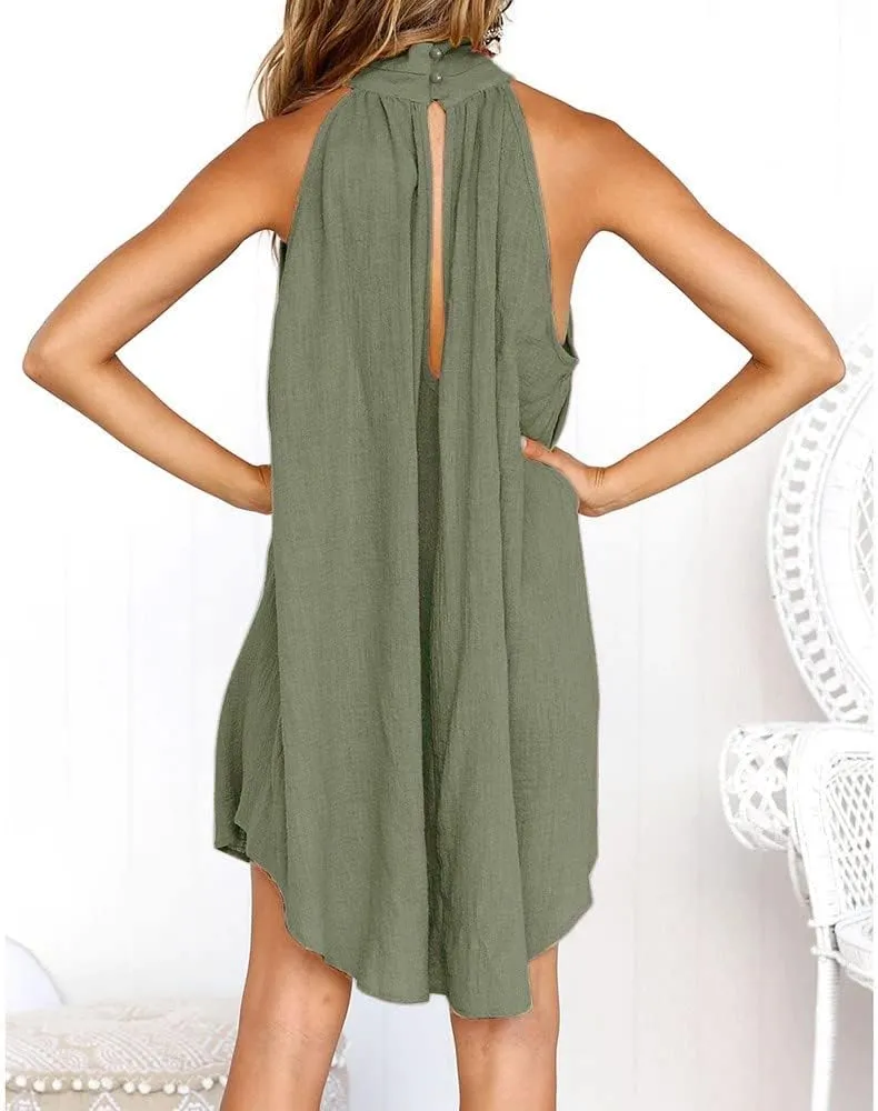 Halter Irregular Summer Dresses for Women Holiday Beach Sleeveless Party Dress Sexy Hem Mini Dress Plain Solid Sundress