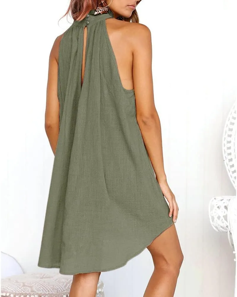 Halter Irregular Summer Dresses for Women Holiday Beach Sleeveless Party Dress Sexy Hem Mini Dress Plain Solid Sundress