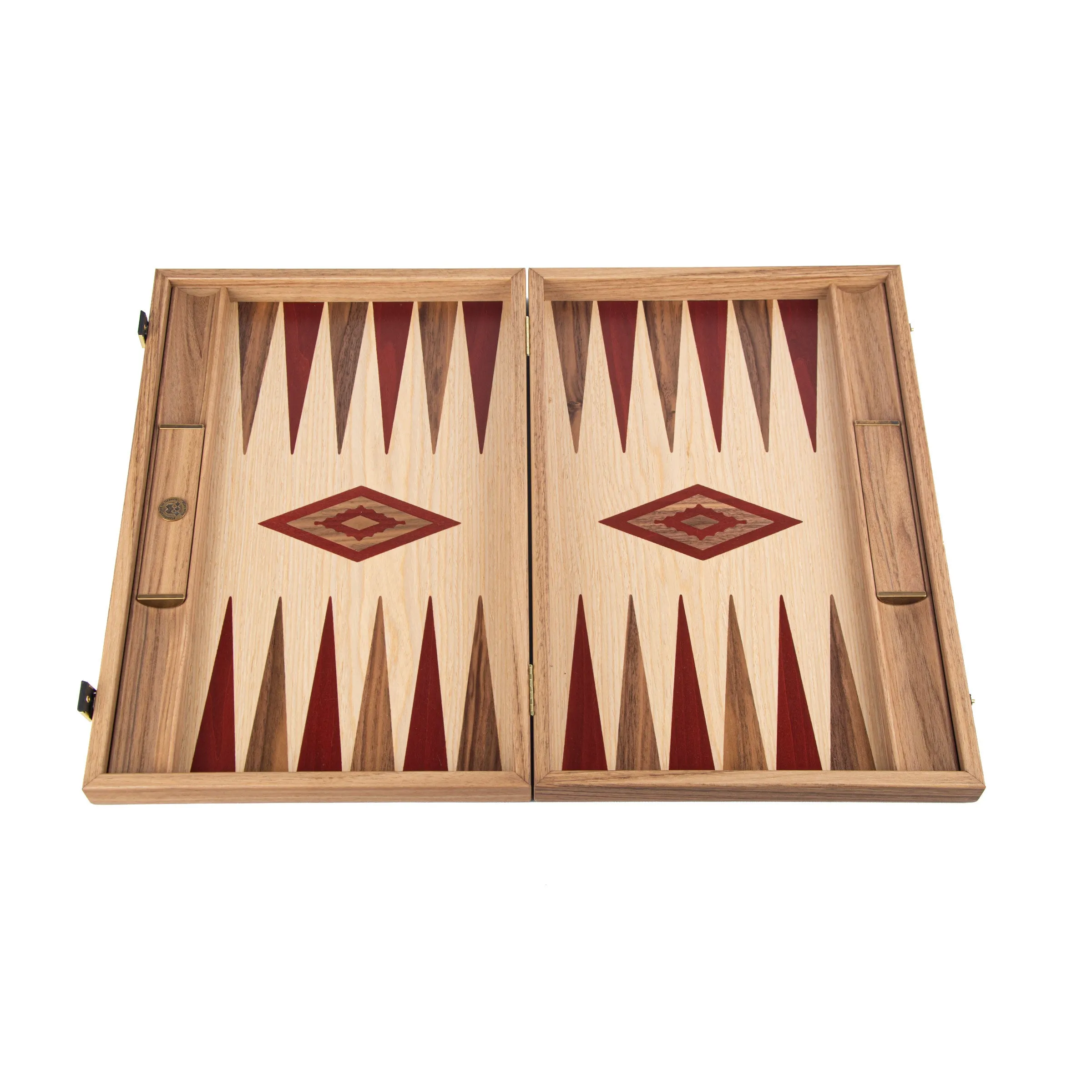 Handcrafted Oak & American Walnut Backgammon Set with Side Racks - Elegant Marquetry Design