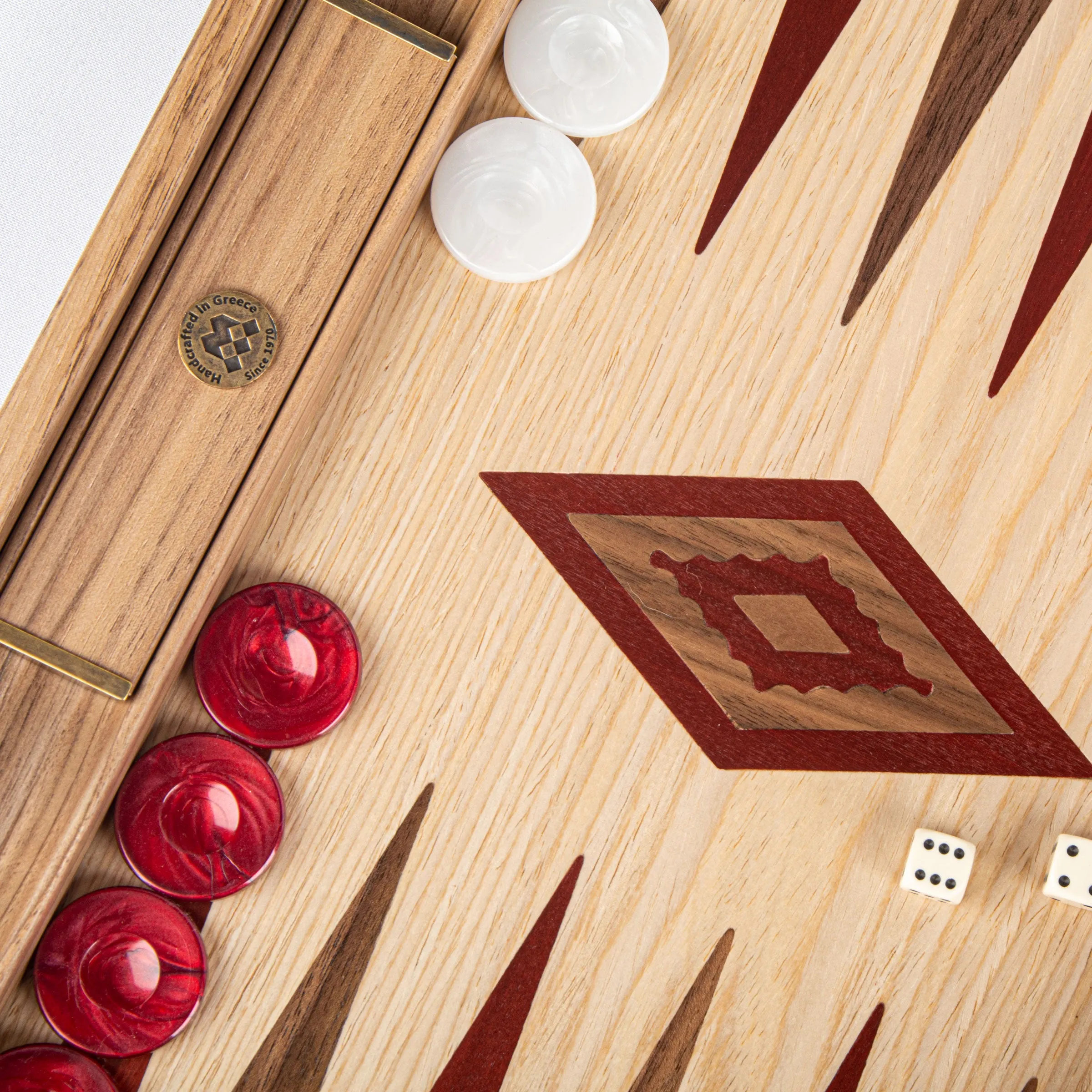 Handcrafted Oak & American Walnut Backgammon Set with Side Racks - Elegant Marquetry Design