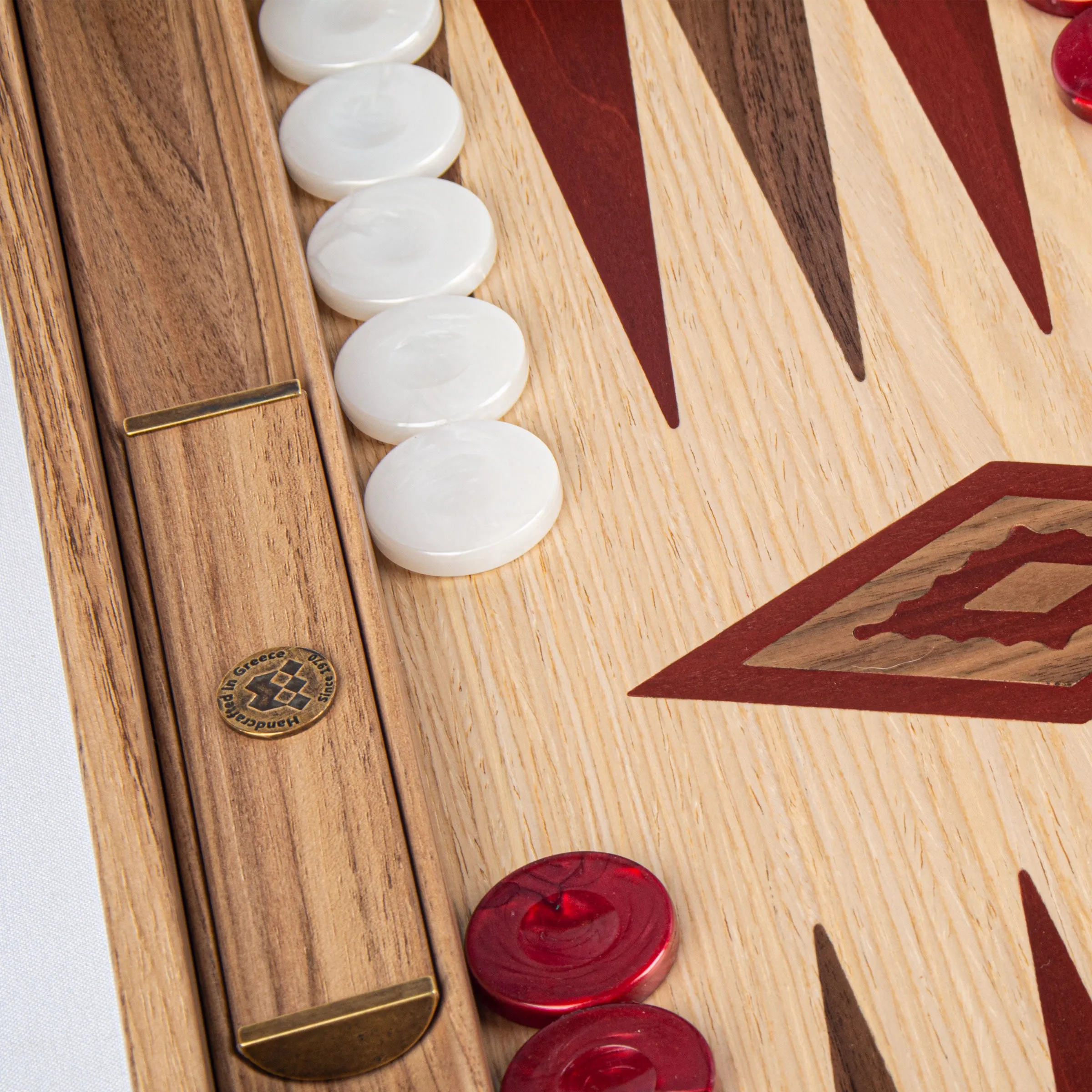 Handcrafted Oak & American Walnut Backgammon Set with Side Racks - Elegant Marquetry Design
