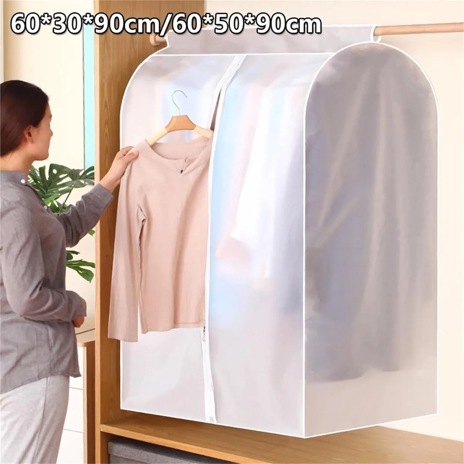 Hanging Garment Bag Clothes Hanging Dust Cover Transparent Dress Suit Coat Storage Bag Large Capacity Wardrobe Protector Garment Organizer(White 60x30x90cm)