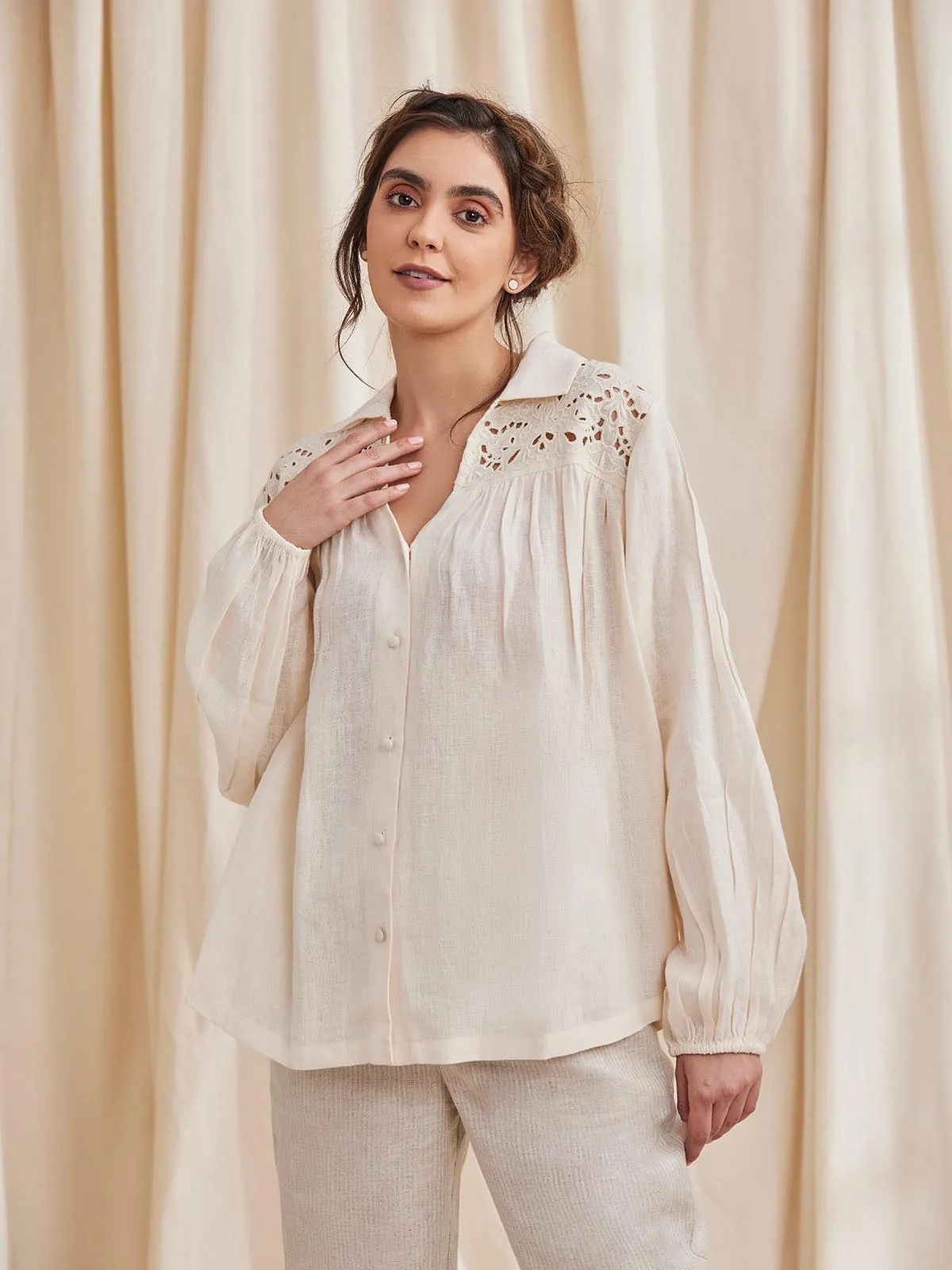 HEKA - Stylish Linen Shirt With Cutwork Embroidery  | White