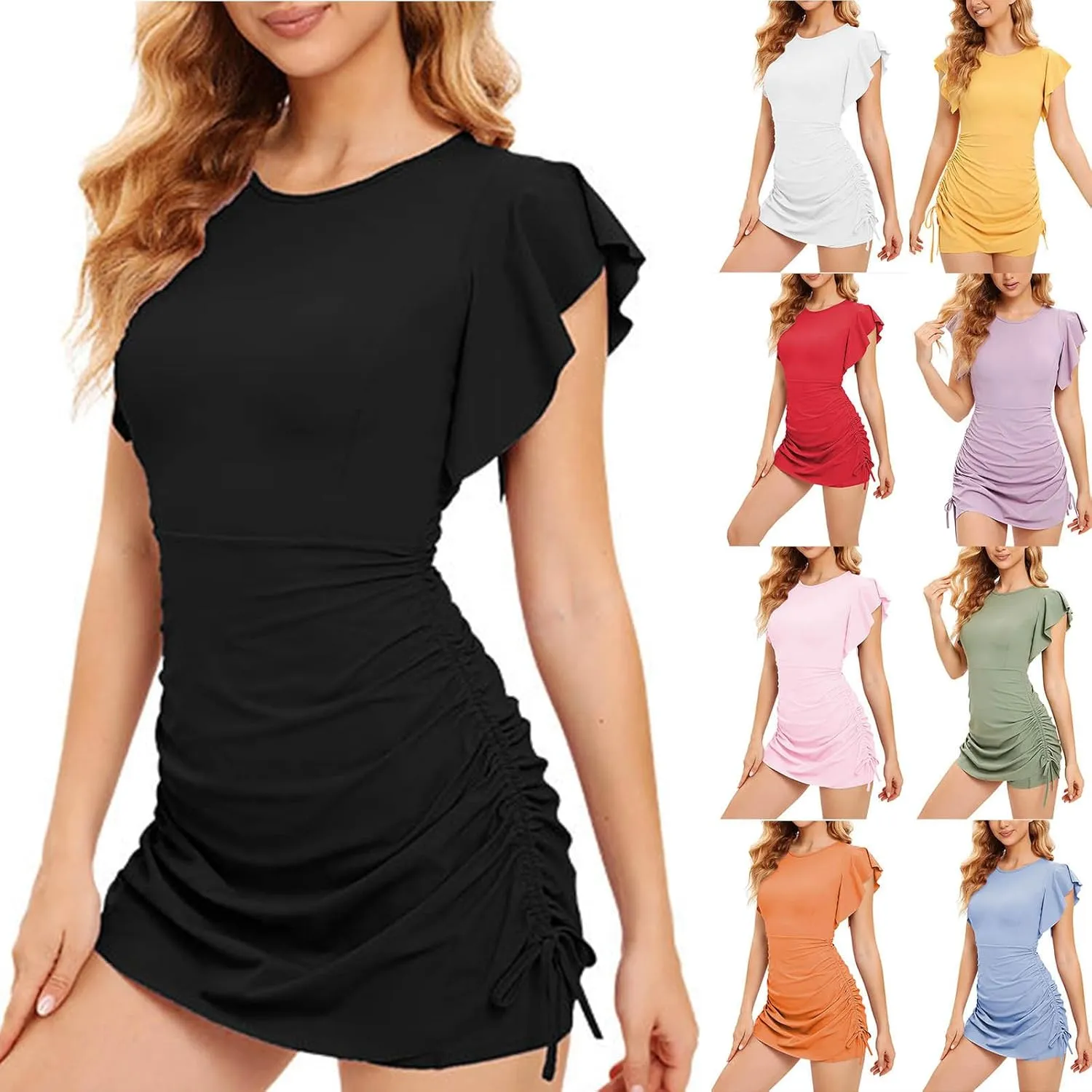 HGps8w 2 Piece Tennis Dresses for Women Ruffle Sleeveless Drawstring Mini Bodycon Dress with Pockets Shorts Sports Outfits