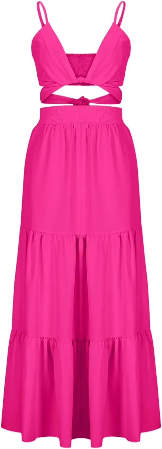 HGps8w Womens 2 Piece Outfits Sexy V Neck Crop Cami Top and High Waisted Tiered Maxi Skirt Elegant Swing Beach Dress Sets