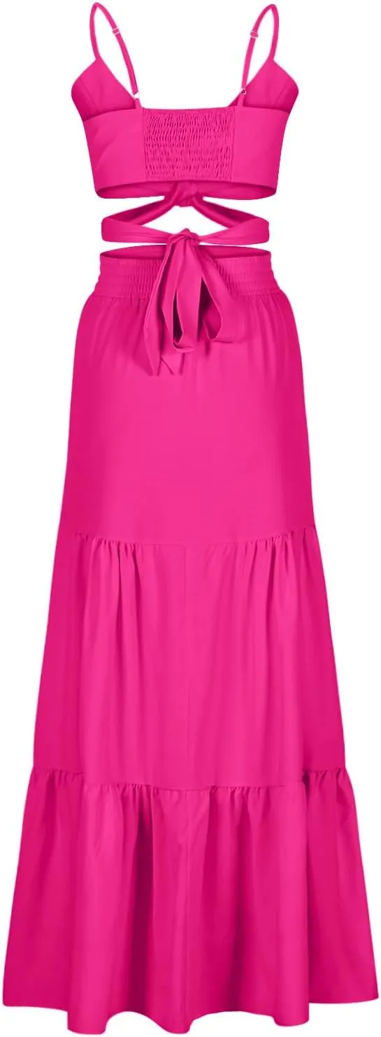 HGps8w Womens 2 Piece Outfits Sexy V Neck Crop Cami Top and High Waisted Tiered Maxi Skirt Elegant Swing Beach Dress Sets