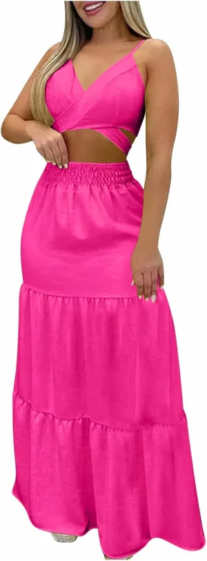 HGps8w Womens 2 Piece Outfits Sexy V Neck Crop Cami Top and High Waisted Tiered Maxi Skirt Elegant Swing Beach Dress Sets
