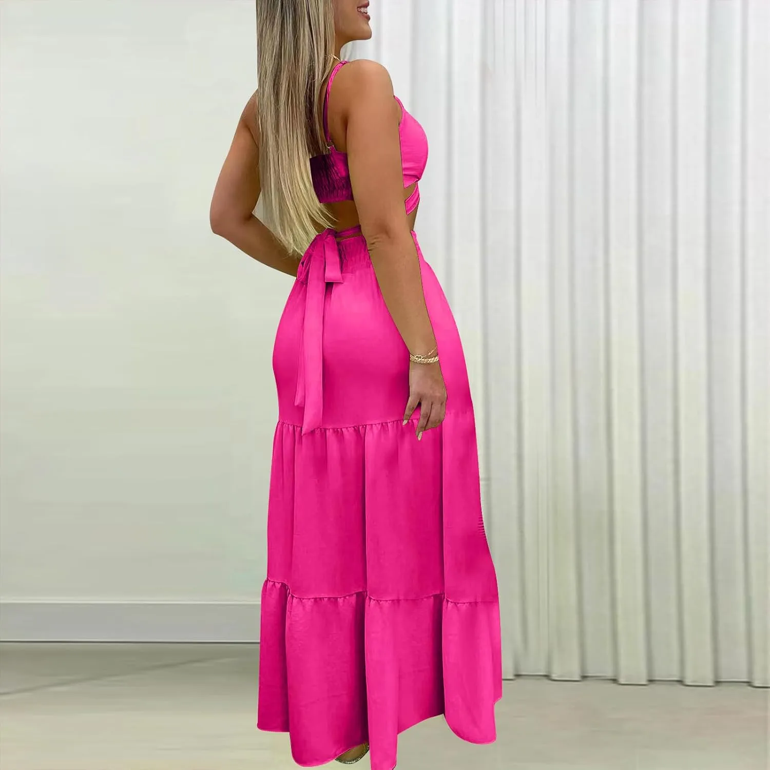 HGps8w Womens 2 Piece Outfits Sexy V Neck Crop Cami Top and High Waisted Tiered Maxi Skirt Elegant Swing Beach Dress Sets